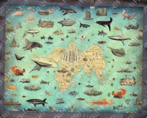 16 papers | Vintage Retro World Map with Ocean Creatures | Scrapbooking Paper Background | Shabby Chic Ephemera | Perfect for Invitations