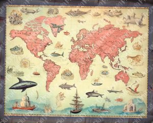 16 papers | Vintage Retro World Map with Ocean Creatures | Scrapbooking Paper Background | Shabby Chic Ephemera | Perfect for Invitations