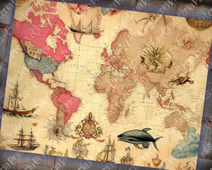 16 papers | Vintage Retro World Map with Ocean Creatures | Scrapbooking Paper Background | Shabby Chic Ephemera | Perfect for Invitations