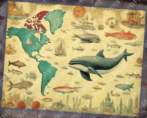 16 papers | Vintage Retro World Map with Ocean Creatures | Scrapbooking Paper Background | Shabby Chic Ephemera | Perfect for Invitations