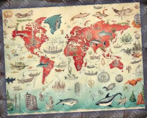 16 papers | Vintage Retro World Map with Ocean Creatures | Scrapbooking Paper Background | Shabby Chic Ephemera | Perfect for Invitations