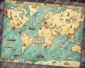 16 papers | Vintage Retro World Map with Ocean Creatures | Scrapbooking Paper Background | Shabby Chic Ephemera | Perfect for Invitations