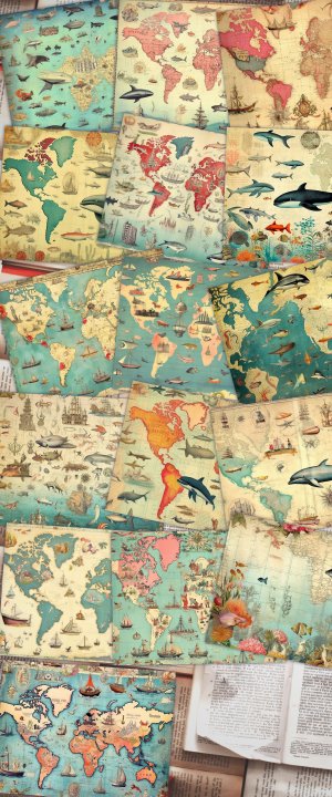 16 papers | Vintage Retro World Map with Ocean Creatures | Scrapbooking Paper Background | Shabby Chic Ephemera | Perfect for Invitations