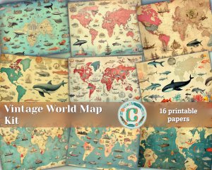 16 papers | Vintage Retro World Map with Ocean Creatures | Scrapbooking Paper Background | Shabby Chic Ephemera | Perfect for Invitations