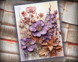 12 papers | Violets Themed Scrapbooking Kit - Intricate Junk Journal Background, Fairy Tale Watercolor Illustration, Shabby Chic Ephemera