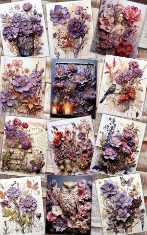 12 papers | Violets Themed Scrapbooking Kit - Intricate Junk Journal Background, Fairy Tale Watercolor Illustration, Shabby Chic Ephemera