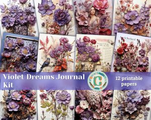 12 papers | Violets Themed Scrapbooking Kit - Intricate Junk Journal Background, Fairy Tale Watercolor Illustration, Shabby Chic Ephemera