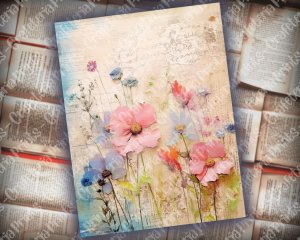 18 pages of painted wildflowers background in vivid colors, shabby chic ephemera for scrapbooking. Perfect for invitations, digital planners