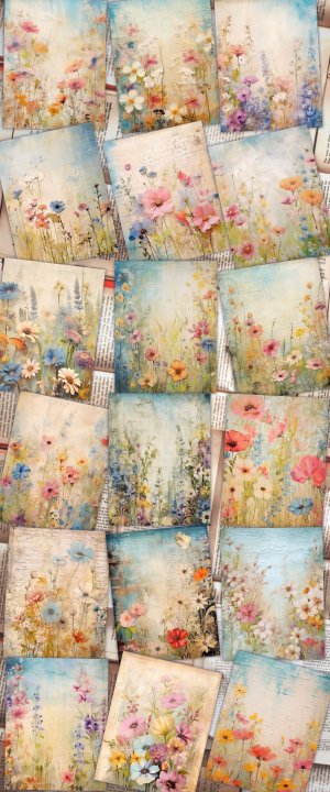 18 pages of painted wildflowers background in vivid colors, shabby chic ephemera for scrapbooking. Perfect for invitations, digital planners