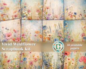 18 pages of painted wildflowers background in vivid colors, shabby chic ephemera for scrapbooking. Perfect for invitations, digital planners