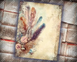 Beautiful Watercolor Vintage Junk Journal Single Page with Feathers, Intricate Details, Printable Template Paper, Boho Aesthetic