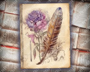 Beautiful Watercolor Vintage Junk Journal Single Page with Feathers, Intricate Details, Printable Template Paper, Boho Aesthetic