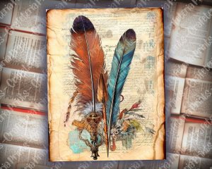 Beautiful Watercolor Vintage Junk Journal Single Page with Feathers, Intricate Details, Printable Template Paper, Boho Aesthetic