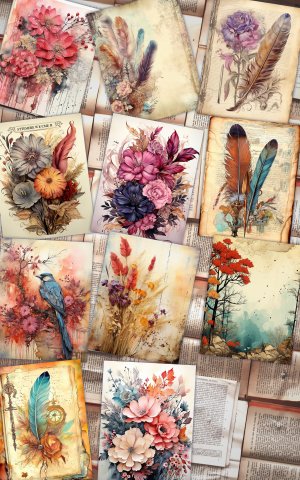 Beautiful Watercolor Vintage Junk Journal Single Page with Feathers, Intricate Details, Printable Template Paper, Boho Aesthetic