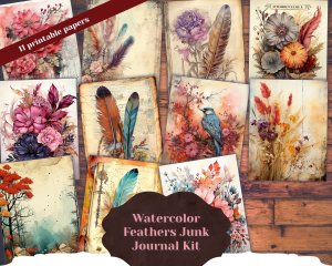 Beautiful Watercolor Vintage Junk Journal Single Page with Feathers, Intricate Details, Printable Template Paper, Boho Aesthetic