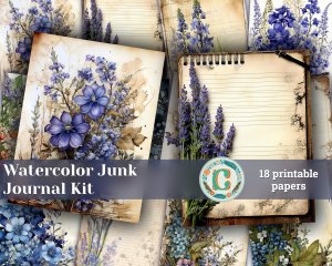 Beautiful Watercolor Vintage Junk Journal Single Page with Bluebells | Printable Template Paper for Invitations, Digital Planners