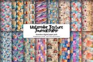 Watercolor Junk Journal Digital Texture Paper with Seamless Illustrations - High Quality Digital Pattern Paper for Crafts, Scrapbooking