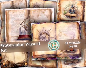 Watercolor Wizard Book Center Page Clipart, Junk Journal Background, Printable Digital Journal Paper, Shabby Chic Ephemera, Invitations