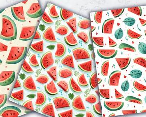 Watermelon Slices Clipart Digital Pattern Paper | Cute Doodle Style | Seamless Texture | Watercolor Illustration | Big Elements