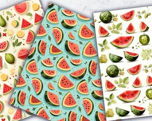 Watermelon Slices Clipart, Cute Doodle Style Watercolor Illustration, Seamless Texture with Big Elements, Light Background, Instant Download