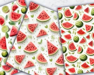 Watermelon Slices Clipart, Cute Doodle Style Watercolor Illustration, Seamless Texture with Big Elements, Light Background, Instant Download