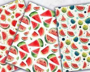 Watermelon Slices Clipart, Cute Doodle Style Watercolor Illustration, Seamless Texture with Big Elements, Light Background, Instant Download