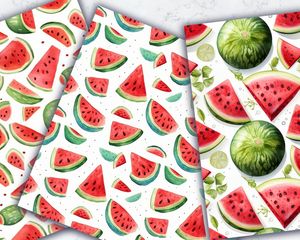 Watermelon Slices Clipart, Cute Doodle Style Watercolor Illustration, Seamless Texture with Big Elements, Light Background, Instant Download