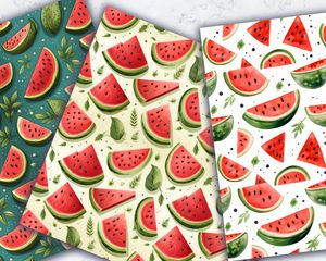 Cartoon Watermelon Digital Paper Seamless Texture - Cute Fruit Patterns for Scrapbooking, Crafts, and DIY Projects - Instant Download