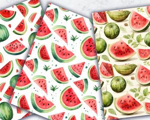 Cartoon Watermelon Digital Paper Seamless Texture - Cute Fruit Patterns for Scrapbooking, Crafts, and DIY Projects - Instant Download