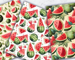 Cartoon Watermelon Digital Paper Seamless Texture - Cute Fruit Patterns for Scrapbooking, Crafts, and DIY Projects - Instant Download