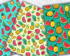 Digital Pattern Paper with Watermelon & Pineapple Clipart, Doodle Style, Cute Watercolor Illustration, Seamless Texture, Big Elements