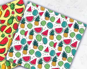 Digital Pattern Paper with Watermelon & Pineapple Clipart, Doodle Style, Cute Watercolor Illustration, Seamless Texture, Big Elements