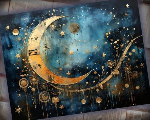 12 Papers | Whimsical Moon and Stars Scrapbooking Kit with Painterly Textures and Mysterious Backdrops | Printable Pages for Junk Journals