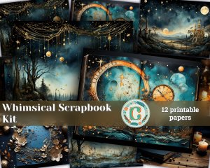 12 Papers | Whimsical Moon and Stars Scrapbooking Kit with Painterly Textures and Mysterious Backdrops | Printable Pages for Junk Journals