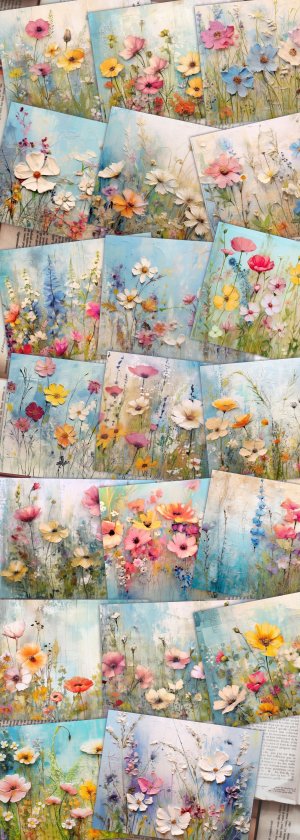 20 Pages of Painted Wildflowers Background, Vivid Colors, Shabby Chic Ephemera, Scrapbooking, Perfect for Invitations, Digital Planners