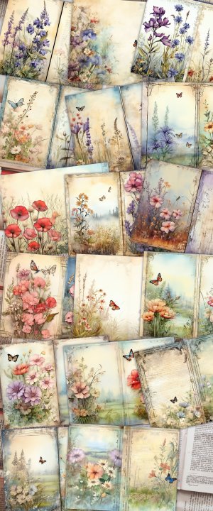 17 Pages of Meadow and Wild Flowers Shabby Chic Ephemera Scrapbook Paper - Double Pages, Perfect for Invitations, Digital Planners