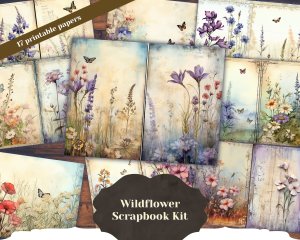 17 Pages of Meadow and Wild Flowers Shabby Chic Ephemera Scrapbook Paper - Double Pages, Perfect for Invitations, Digital Planners