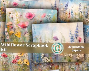 20 pages of Painted Wildflowers Background, Vivid Colors, Shabby Chic Ephemera for Scrapbooking, Invitations, Digital Planners