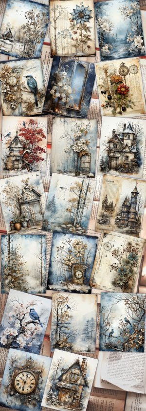 20 Papers | Winter Junk Journal Kit, Printable Snow Scrapbooking Sheets, Shabby Chic Ephemera, Journaling Pages, Scrapbooking Paper Bundle