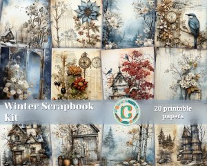 20 Papers | Winter Junk Journal Kit, Printable Snow Scrapbooking Sheets, Shabby Chic Ephemera, Journaling Pages, Scrapbooking Paper Bundle