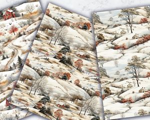 Rustic Country Winterscape Digital Pattern Paper with Seamless Texture, Watercolor Illustration Style, Trending on Etsy, DIY Craft Supply