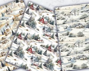 Rustic Country Winterscape Digital Pattern Paper with Seamless Texture, Watercolor Illustration Style, Trending on Etsy, DIY Craft Supply