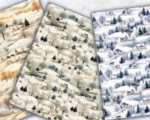 Rustic Country Winterscape Digital Pattern Paper with Seamless Texture, Watercolor Illustration Style, Trending on Etsy, DIY Craft Supply