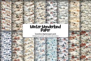 Rustic Country Winterscape Digital Pattern Paper with Seamless Texture, Watercolor Illustration Style, Trending on Etsy, DIY Craft Supply