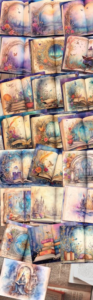 Watercolor Illustration of Wizard Book Center Page, Junk Journal Background, Printable Digital Junk Journal Paper, Shabby Chic Ephemera