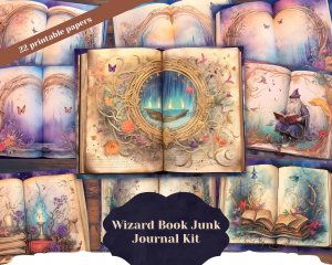 Watercolor Illustration of Wizard Book Center Page, Junk Journal Background, Printable Digital Junk Journal Paper, Shabby Chic Ephemera