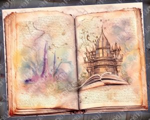 Watercolor Illustration of Wizard Book - Junk Journal Background, Enchanted Book Printable, Digital Junk Journal, Journal Paper