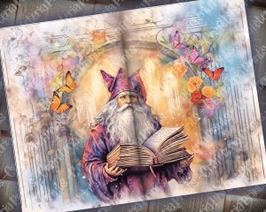 Watercolor Illustration of Wizard Book - Junk Journal Background, Enchanted Book Printable, Digital Junk Journal, Journal Paper