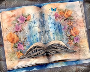 Watercolor Illustration of Wizard Book - Junk Journal Background, Enchanted Book Printable, Digital Junk Journal, Journal Paper