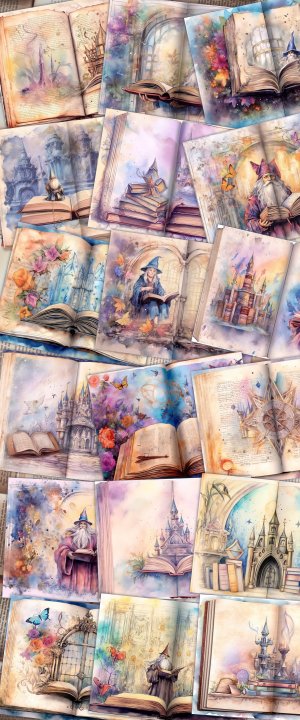 Watercolor Illustration of Wizard Book - Junk Journal Background, Enchanted Book Printable, Digital Junk Journal, Journal Paper